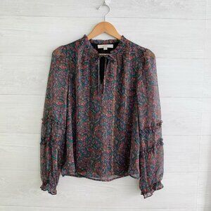 LOFT - Black paisley ruffled sleeve tie neck chiffon top, S